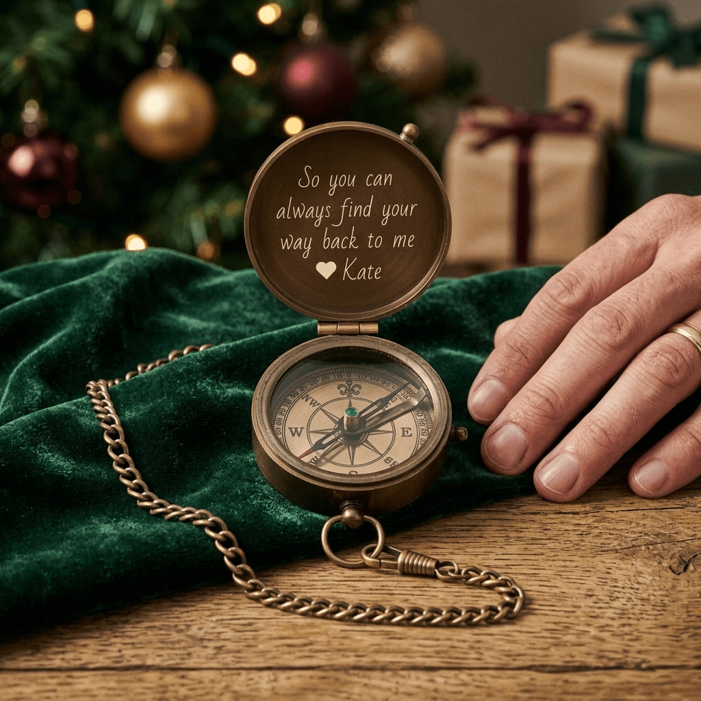christmas gifts for boyfriend engraved brass compass with coordinates and a personal message inside the lid