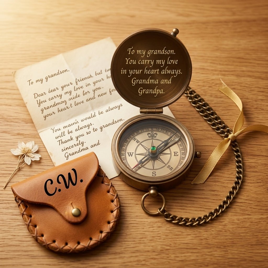 christmas gifts for grandson engraved brass compass with grandpa message inside the lid and monogrammed leather pouch