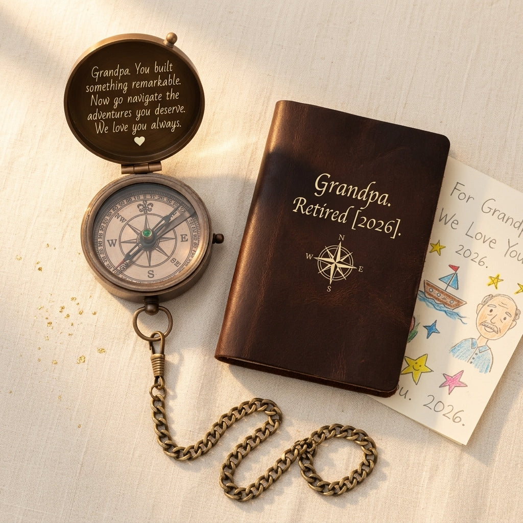 christmas gifts for grandpa engraved brass compass with a message from the grandchildren next to a leather journal and a child's handwritten letter