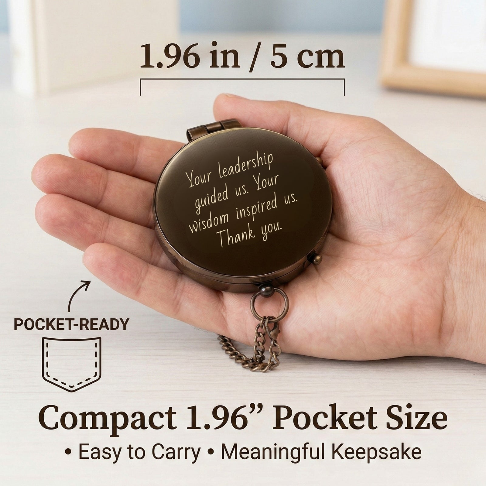 Compact pocket-sized compass held in a hand with text and measurements displayed.