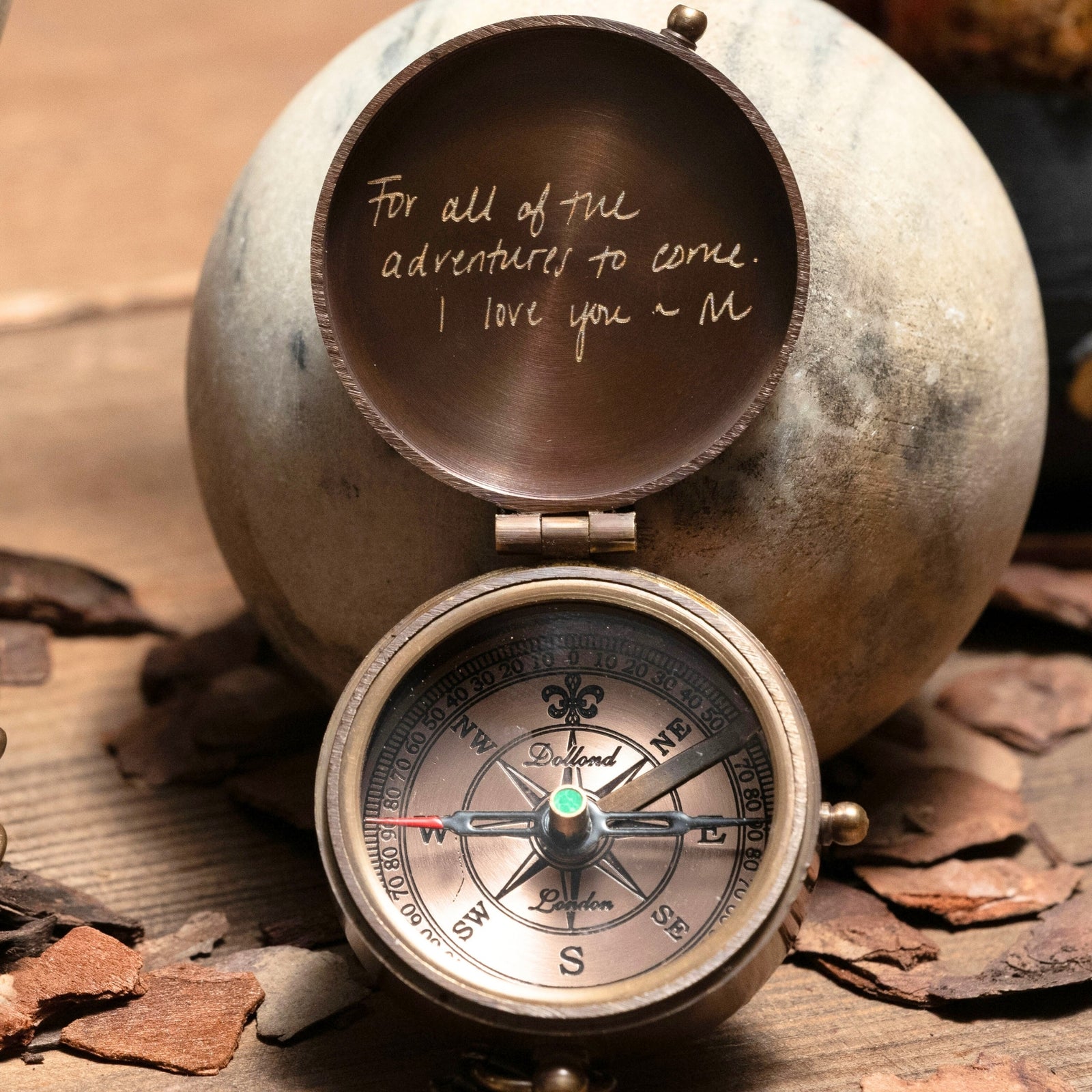 Personalized vintage working pocket compass engraved with real handwriting