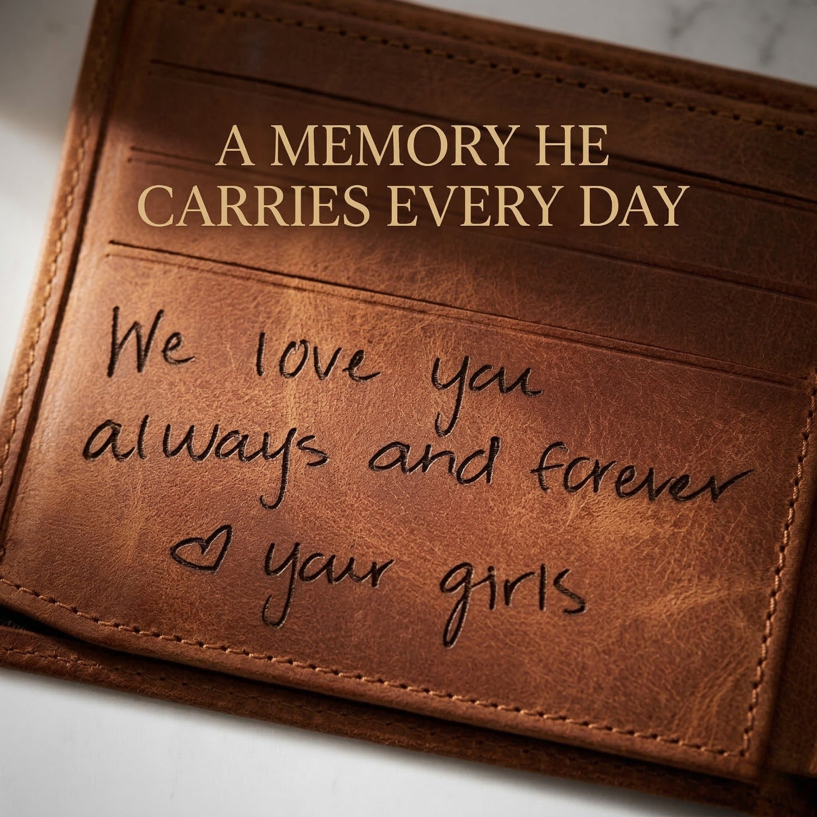 Personalized engraved brass compass with engraved message on a textured beige background