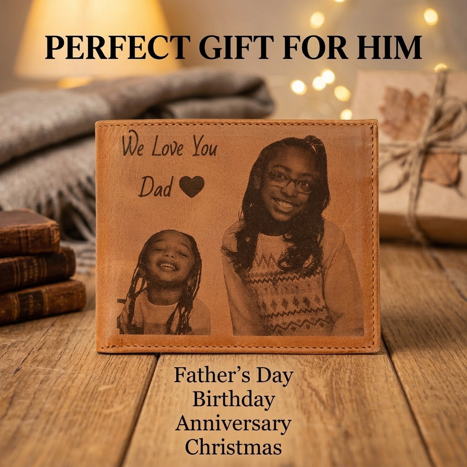 Engraved Leather Photo Wallet for Men – Personalized Father's Day Gift – Custom Photo Engraved Wallet for Him