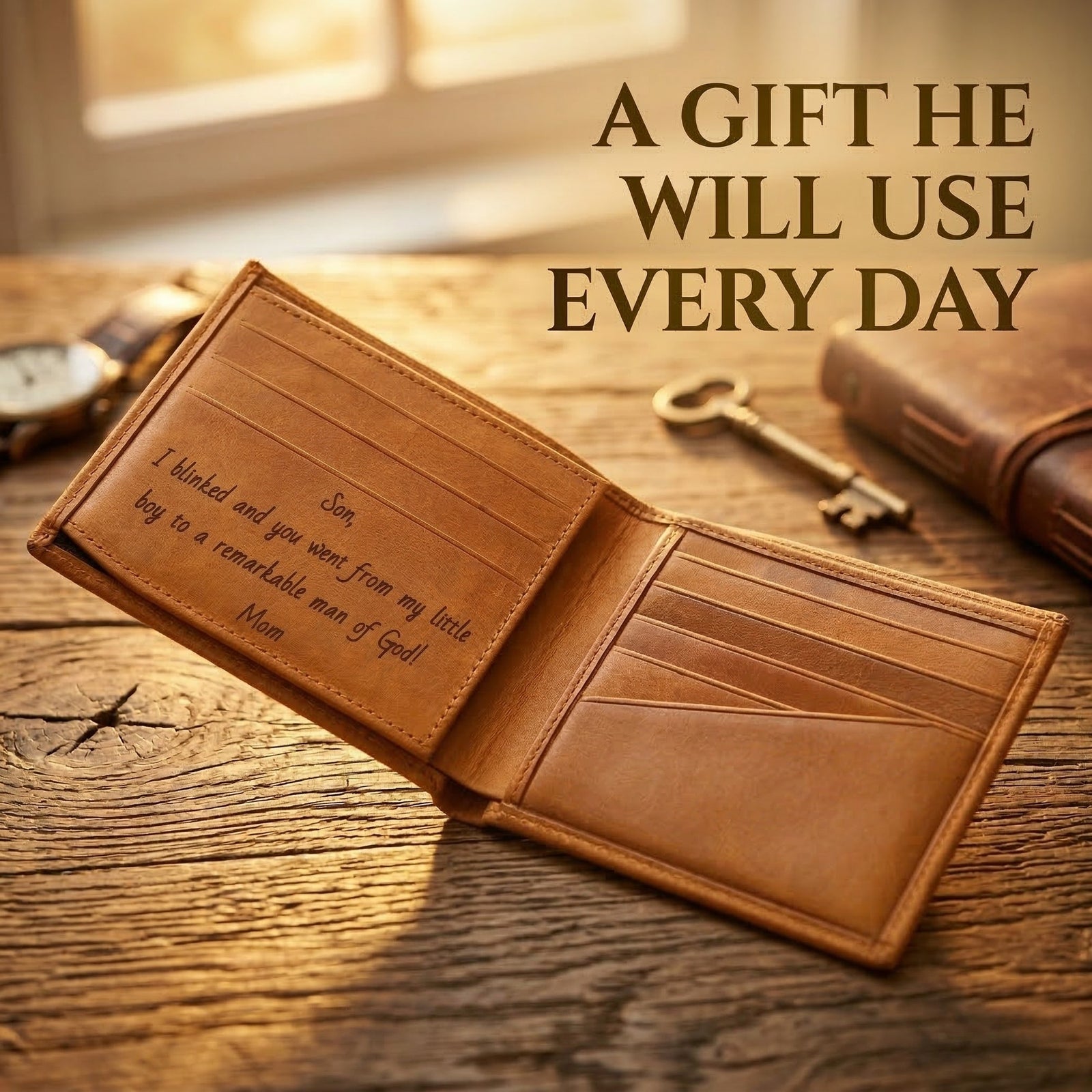 Personalized engraved brass compasses on a wooden background with motivational quotes.