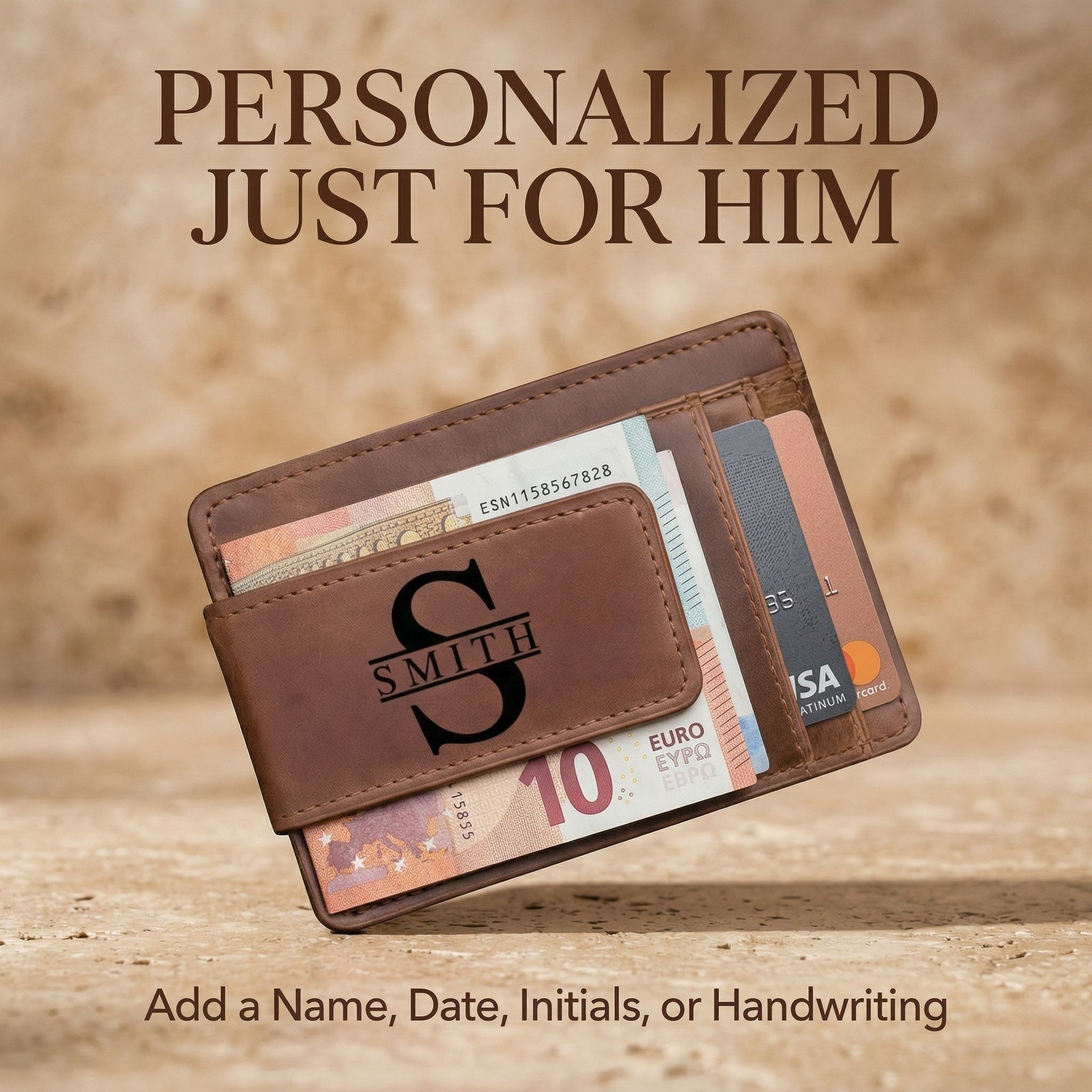 monogrammed genuine brown leather money clip wallet