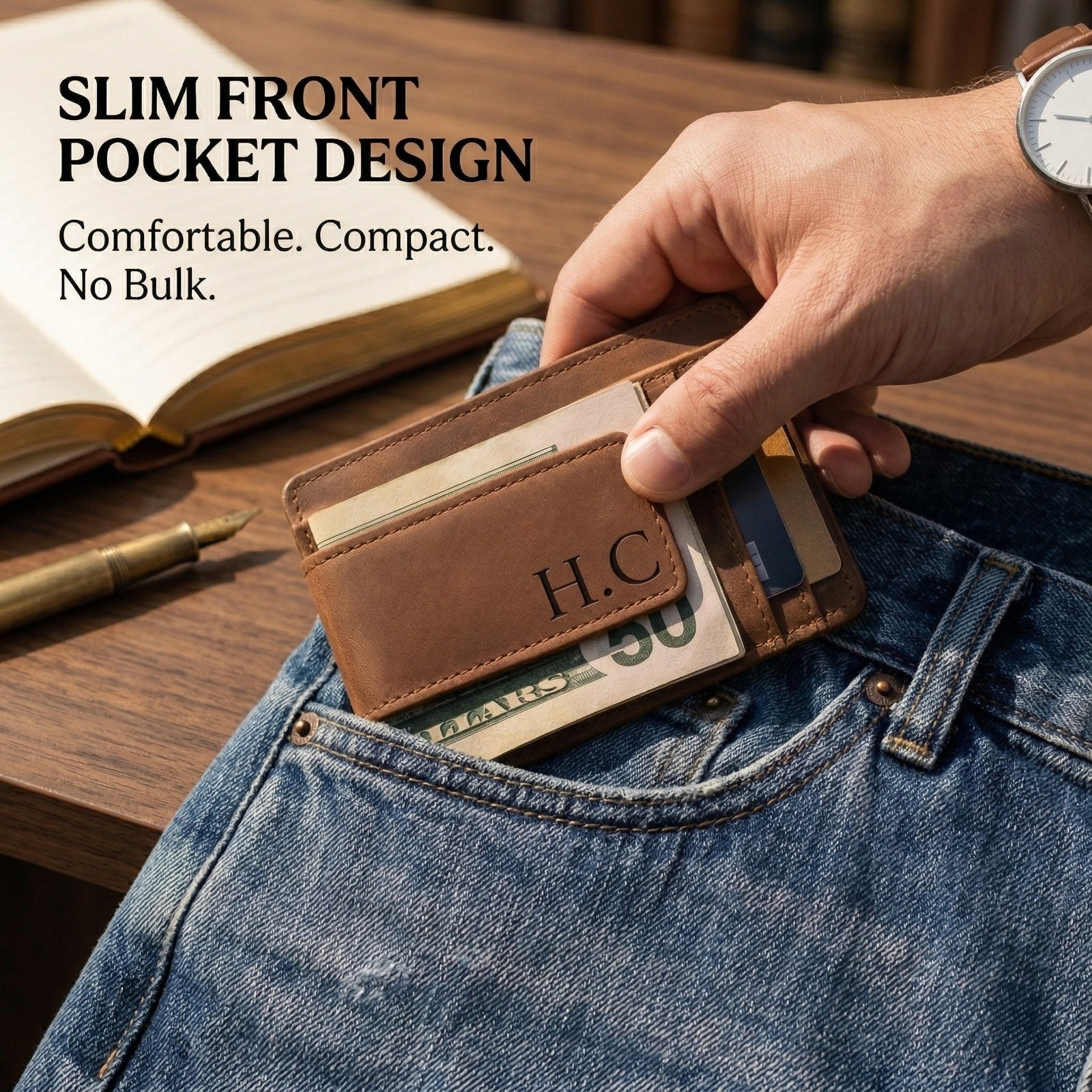 Personalized engraved brass compasses on a wooden background with motivational quotes.