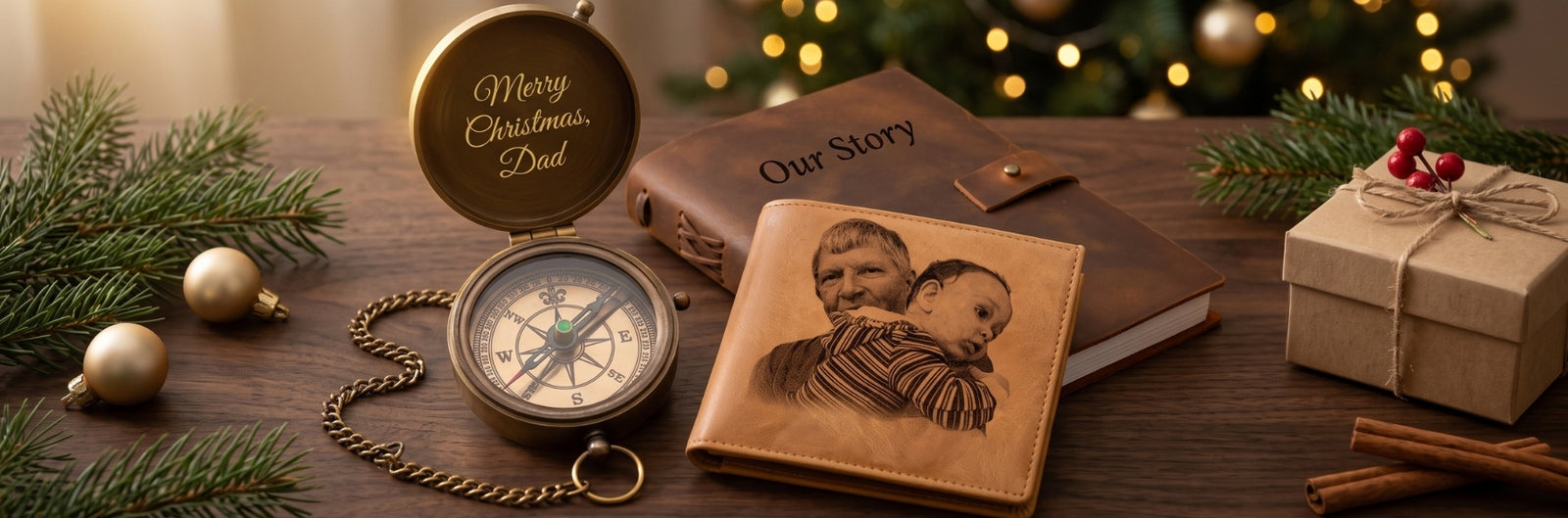 Personalized Christmas gifts for him: engraved brass compass, photo wallet and leather journal by SFdizayn