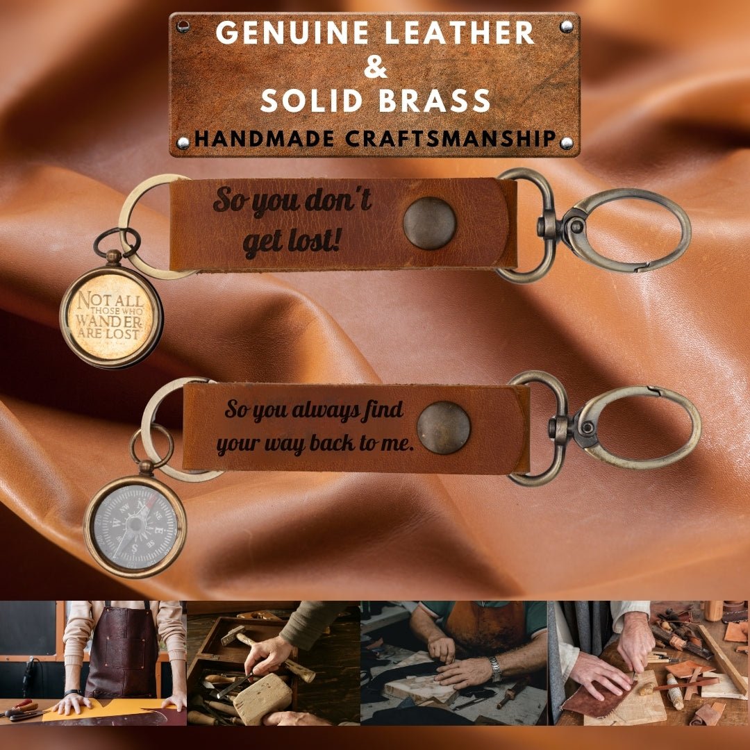 Personalized genuine leather compass keychain with custom engraving – SFDizayn