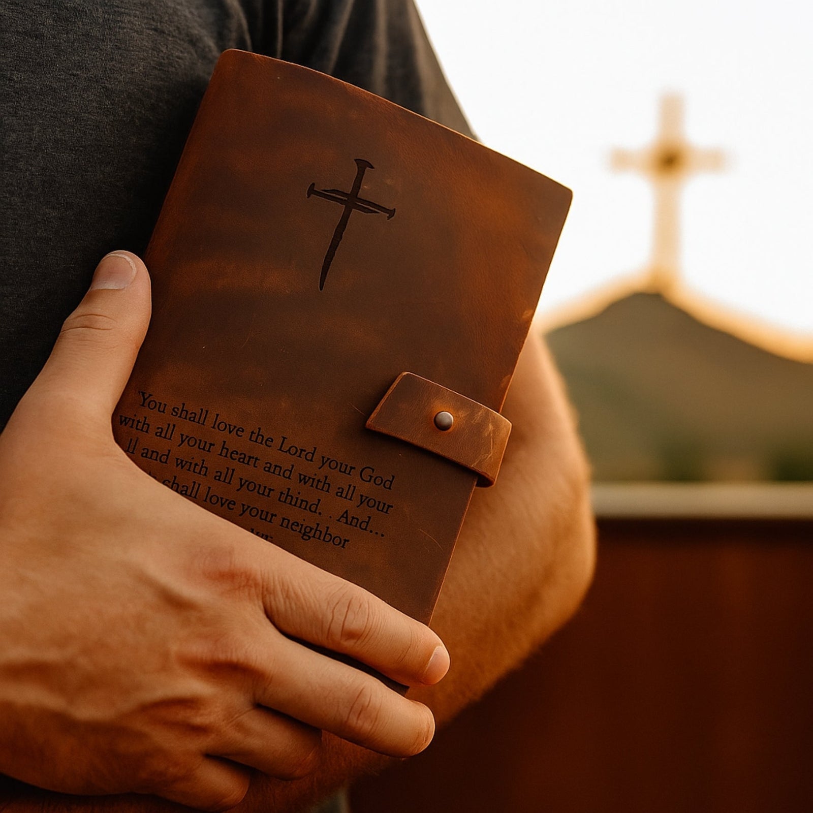 Brown leather notebook with cross design held by a person, blurred background of a church.