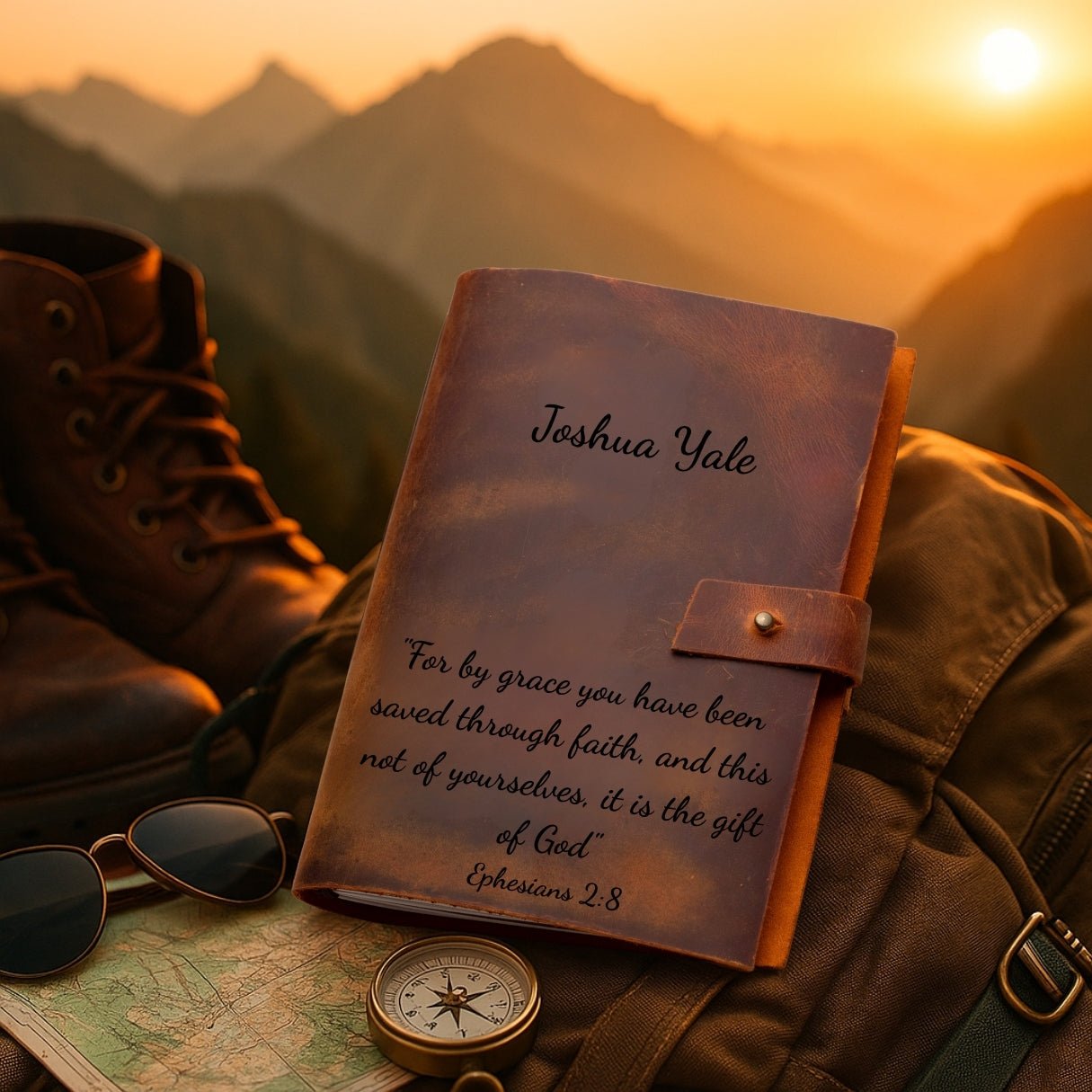Personalized brown leather journal notebook – custom engraved diary with refillable lined pages, featuring name, monogram, initial, photo, or heartfelt message or text.