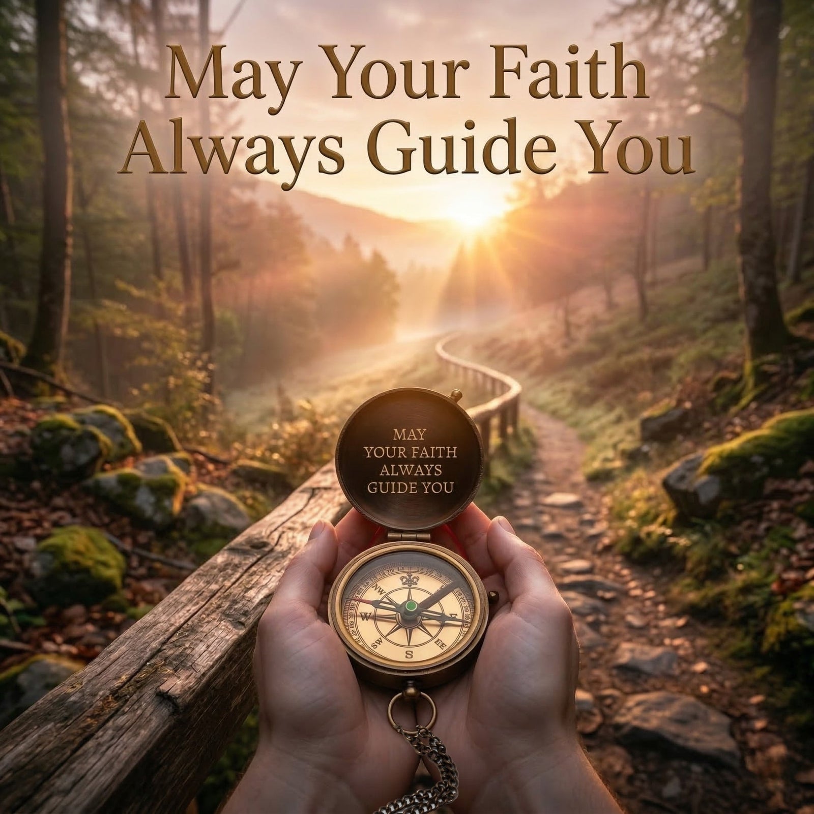 Person holding a compass with 'May Your Faith Always Guide You' text against a scenic forest background.