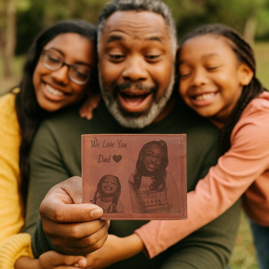 Genuine brown leather wallet with custom-engraved picture and initials – a heartfelt gift for him on anniversary, birthday, or Valentine’s Day.