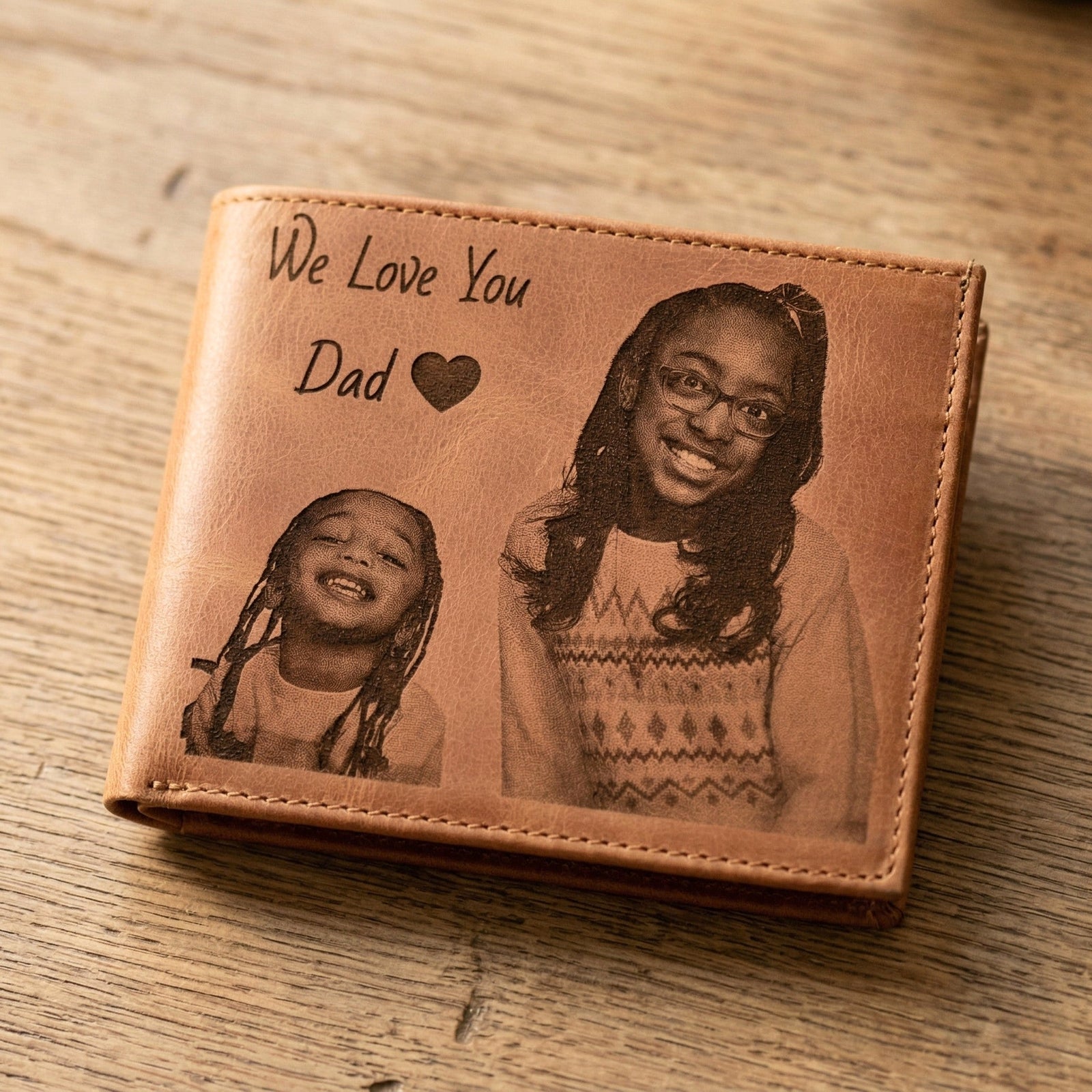 Brown leather wallet with engraved photo of two children and 'We Love You Dad' text on a wooden surface.