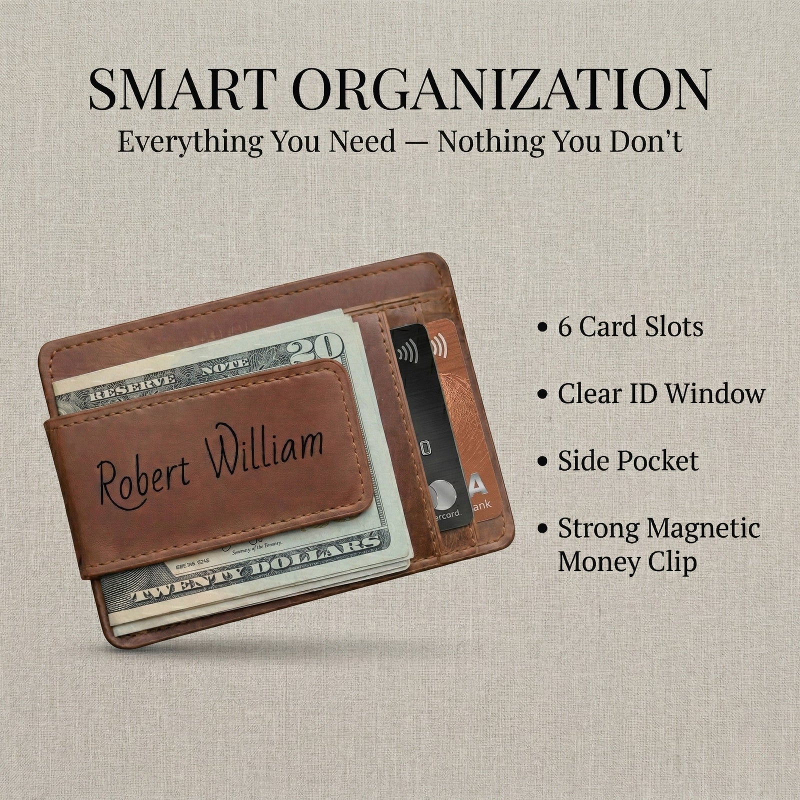Brown wallet with money and cards on a beige background, featuring text about smart organization.