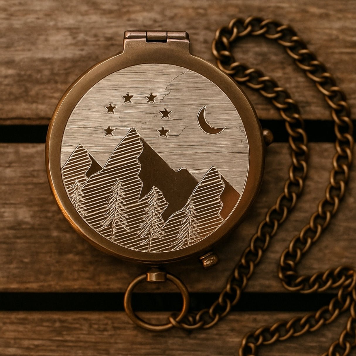 Custom engraved brass compass gift for men – personalized, handcrafted vintage pocket keepsake with mountain, moon, and stars design, perfect for son or grandson on graduation, retirement, or Father’s Day.
