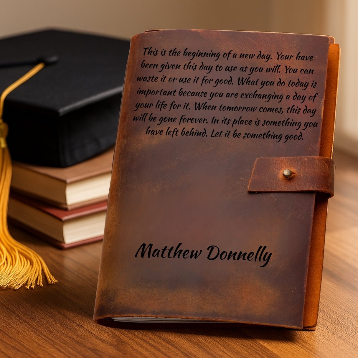 Personalized brown leather journal notebook – custom engraved diary with refillable lined pages, featuring name, monogram, initial, photo, or heartfelt message or text.