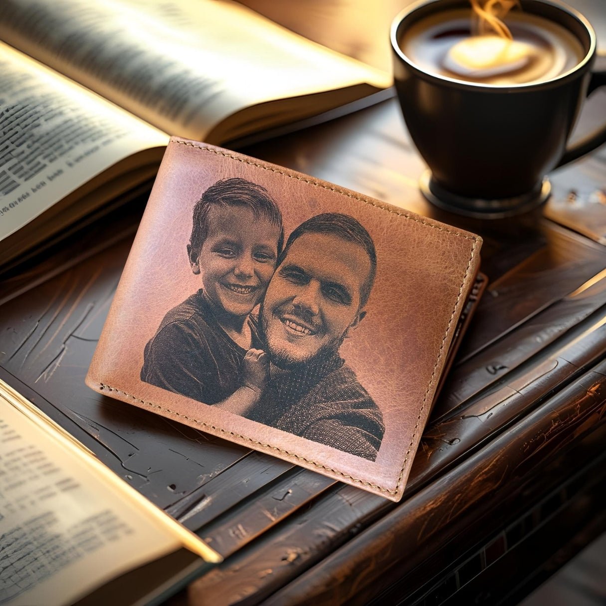 Personalized picture wallet made of genuine brown leather, custom engraved with name or initials – meaningful birthday or Valentine’s Day gift for him.