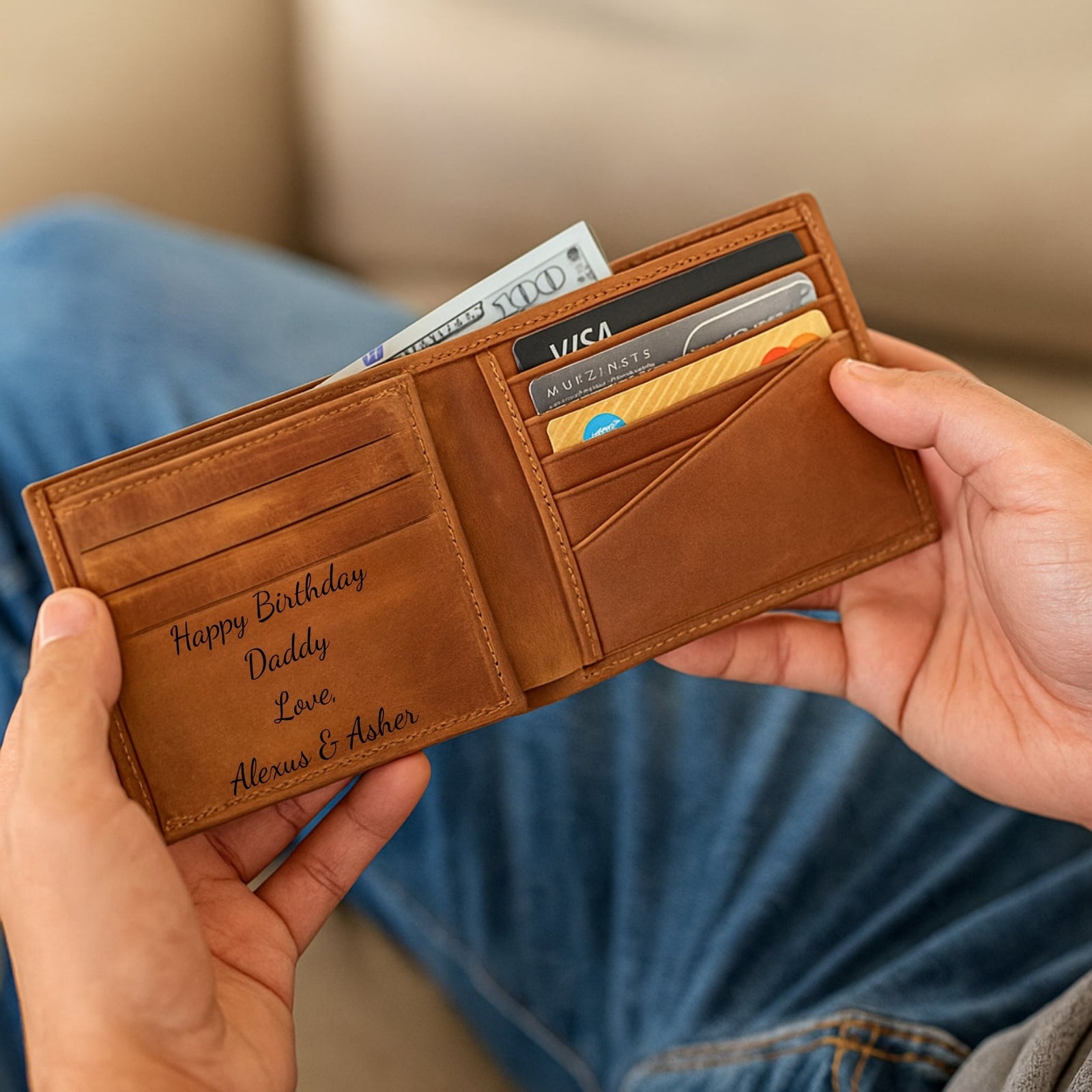 Brown leather wallet with personalized inscription held by a person.