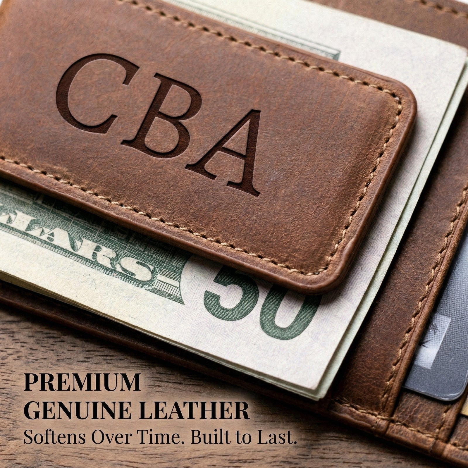 Brown leather wallet with 'CBA' engraving, money, and text about premium genuine leather.