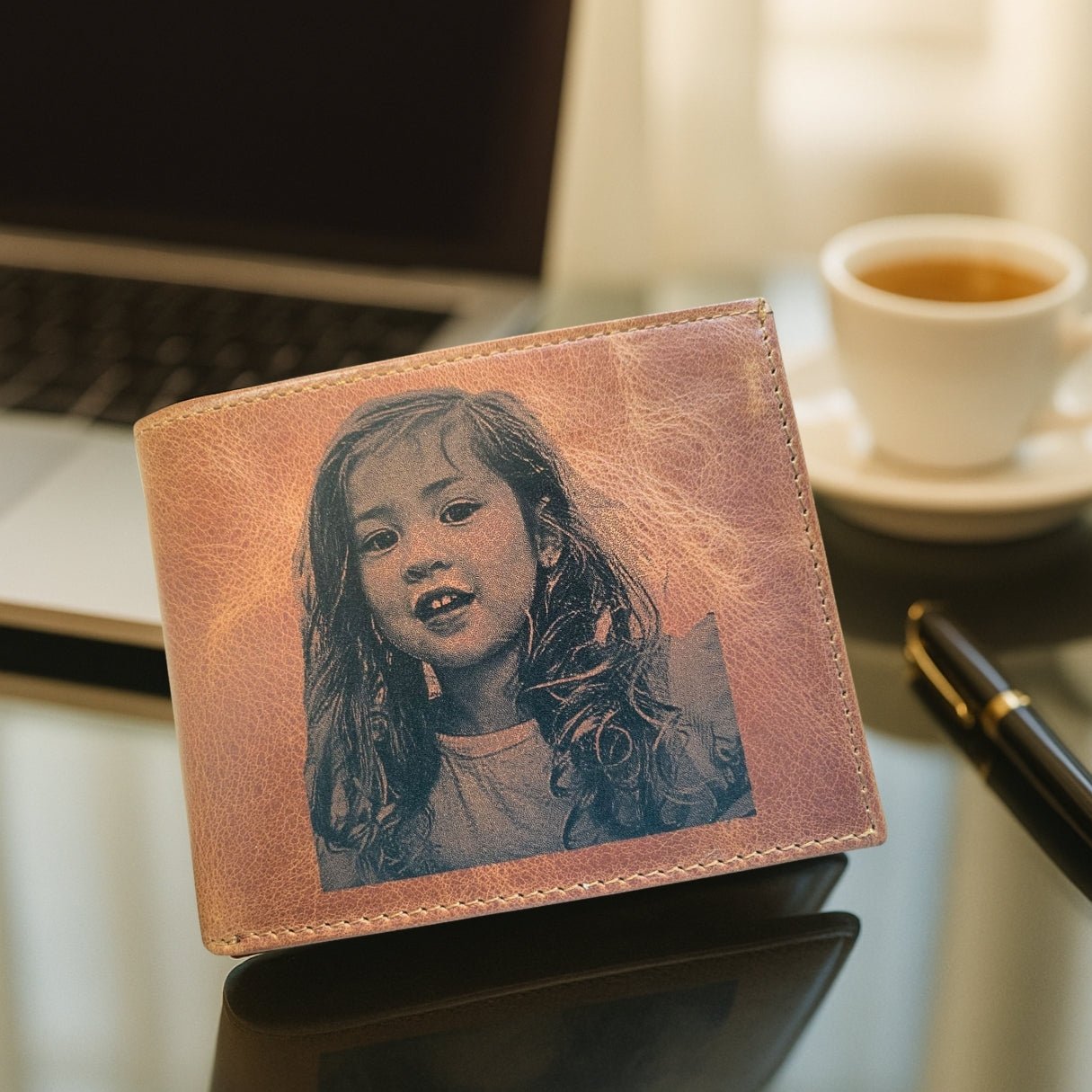 Custom engraved brown leather wallet with personalized photo and initials – a slim, minimalist gift for men, dad, or boyfriend for Father’s Day, Christmas, or anniversary.