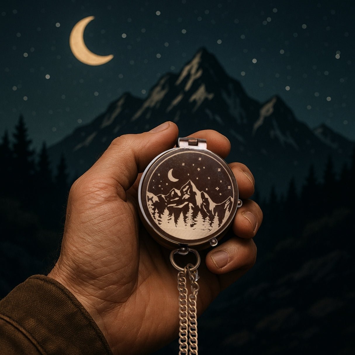 Custom celestial compass with mountains and moon – a personalized, engraved brass pocket keepsake for men; ideal gift for son, grandson, or him on graduation, anniversary, or Christmas.