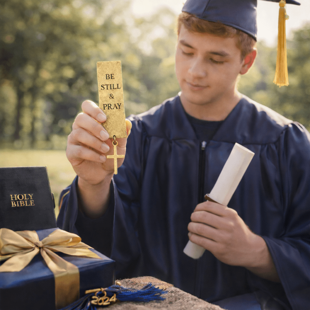 Graduate holding a 'Be Still & Pray' bookmark, diploma, and gift box outdoors.