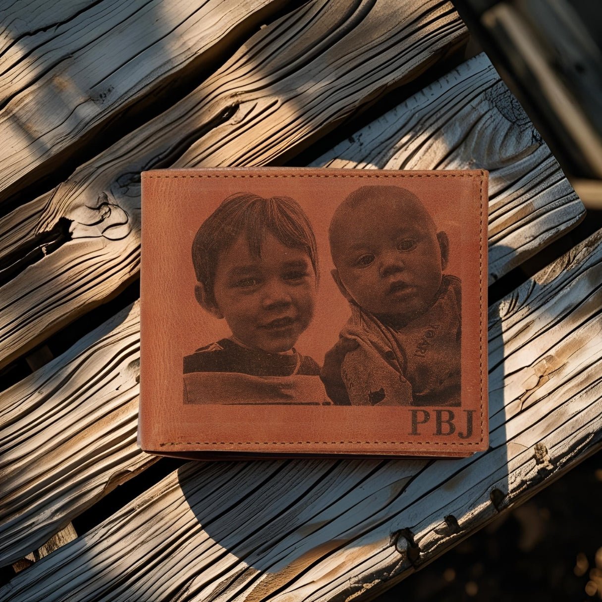 Personalized picture wallet made of genuine brown leather, custom engraved with name or initials – meaningful birthday or Valentine’s Day gift for him.