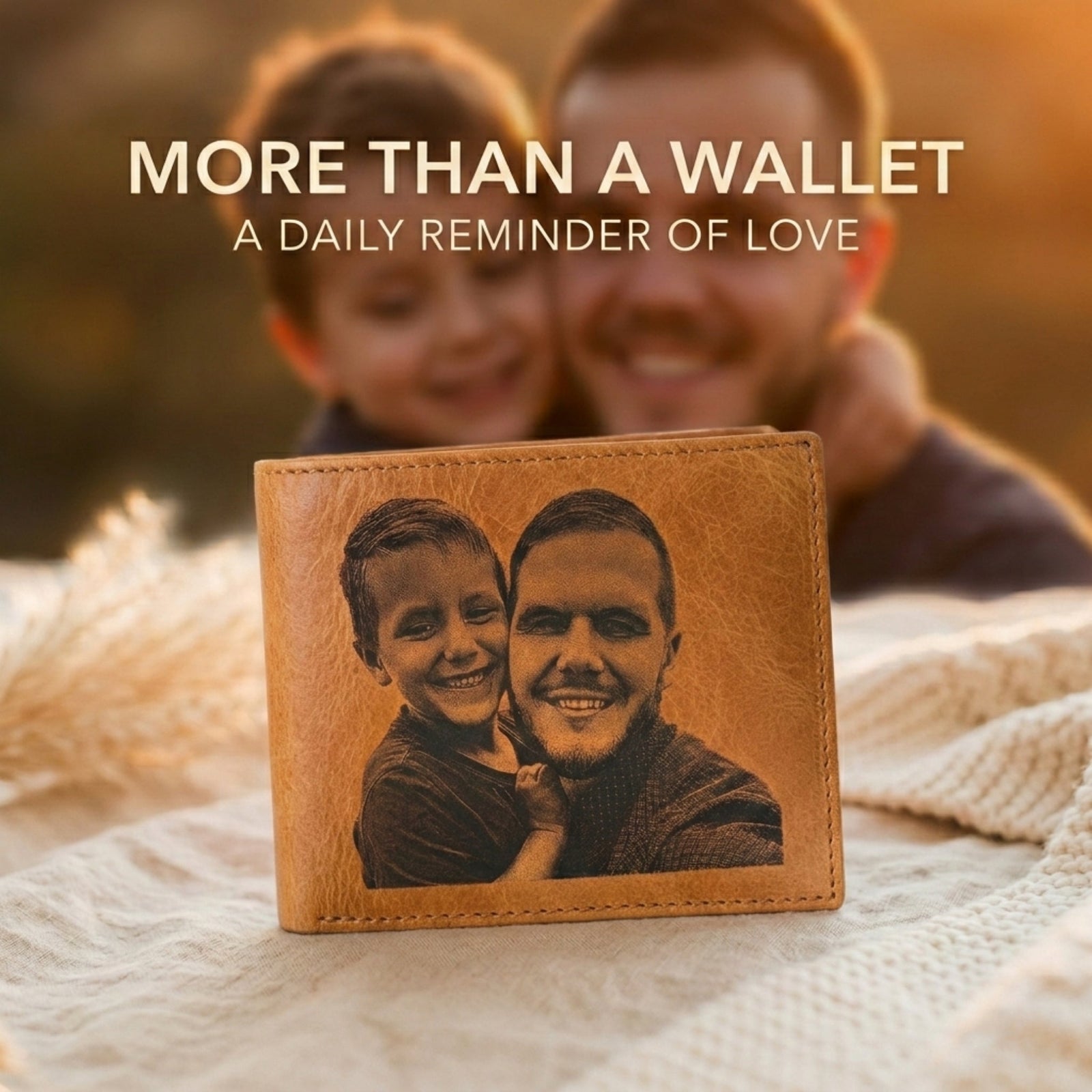 Brown leather wallet with engraved photo of a man and a child, placed on a textured surface with a blurred background of two people smiling.