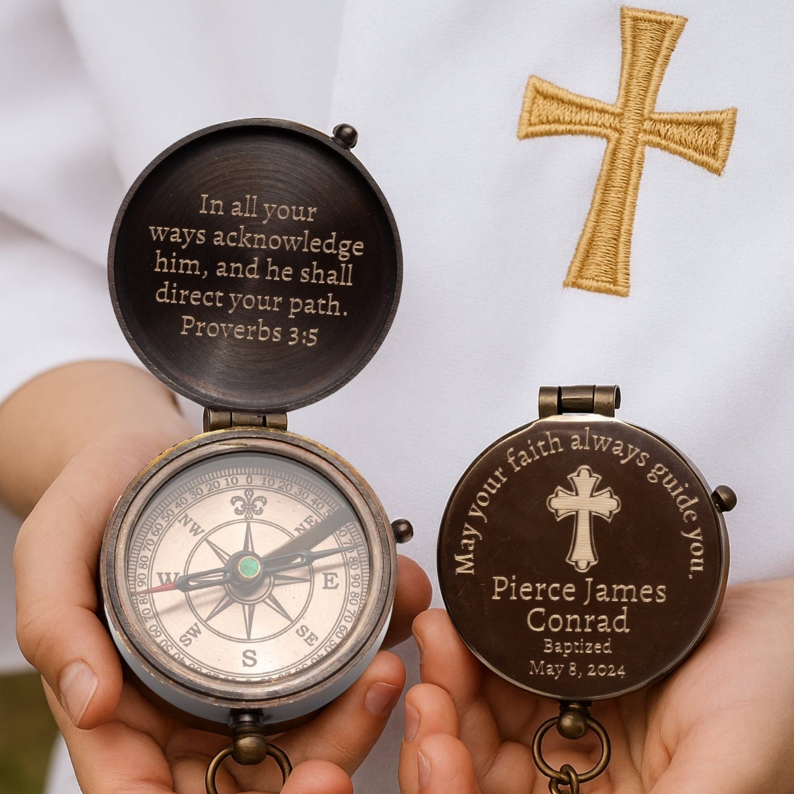 Personalized religious brass compass engraved with a Bible verse, perfect baptism or confirmation gift for boys and men, handmade spiritual keepsake from SFdizayn.com