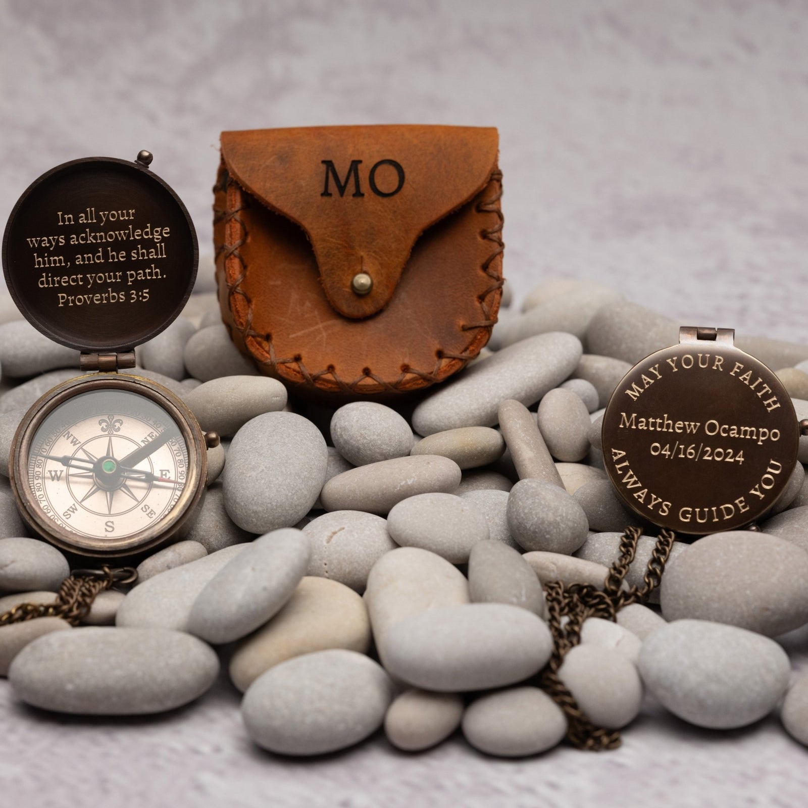 Religious compass keepsake with engraved scripture, handcrafted from antique brass, thoughtful Confirmation or Baptism gift idea from SFdizayn.com