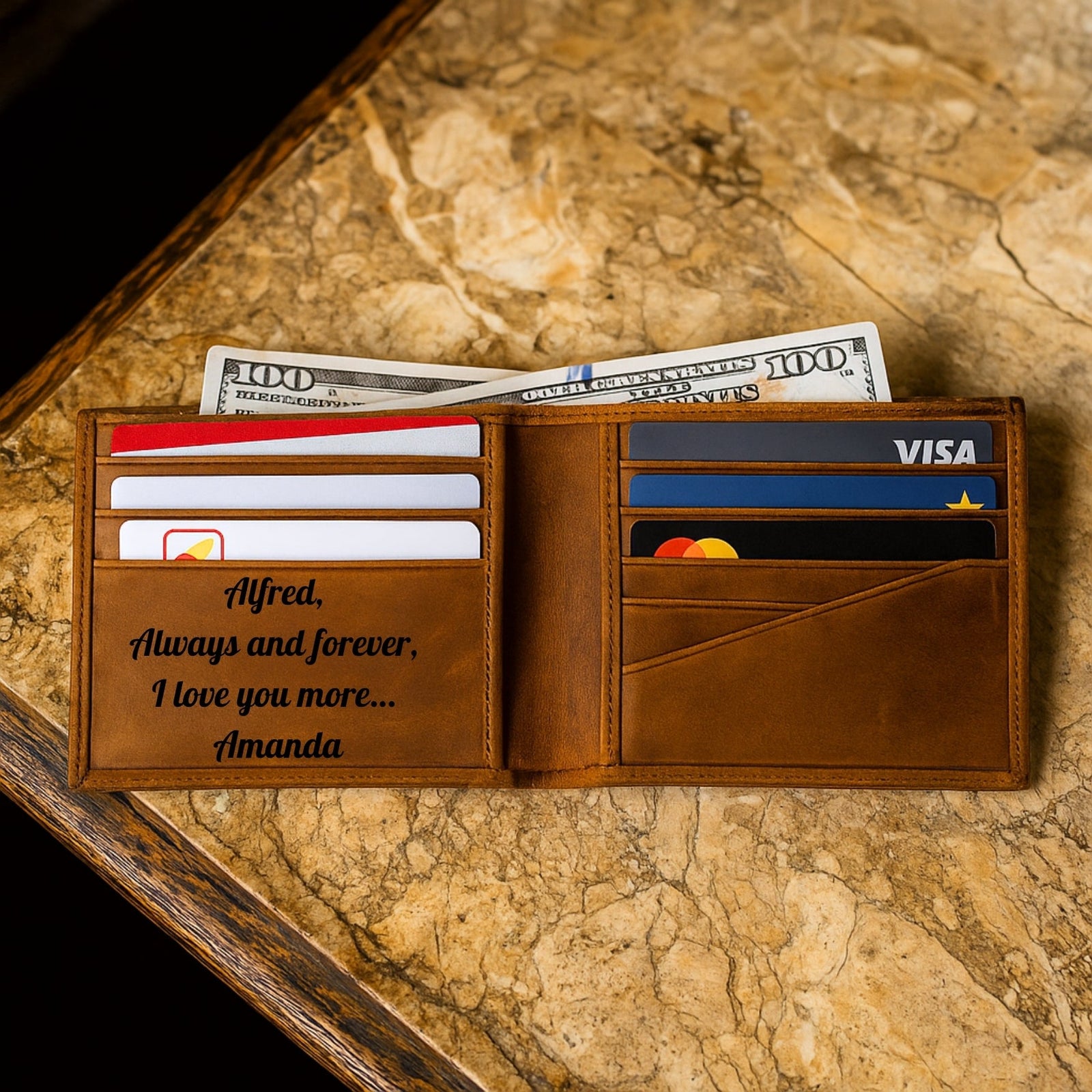 Brown leather wallet with cards and money on a marble surface
