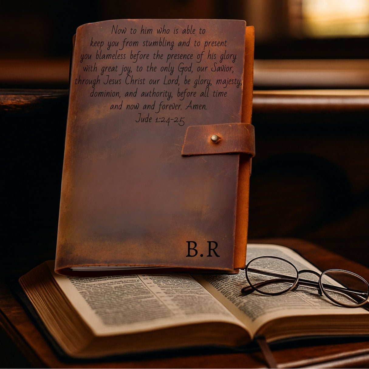 Personalized brown leather prayer journal – custom engraved Christian notebook or diary with refillable lined pages, featuring name, initial, monogram, photo, message, cross, or Bible verse text.