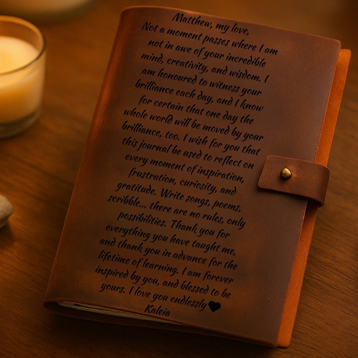 Personalized brown leather journal notebook – custom engraved diary with refillable lined pages, featuring name, monogram, initial, photo, or heartfelt message or text.