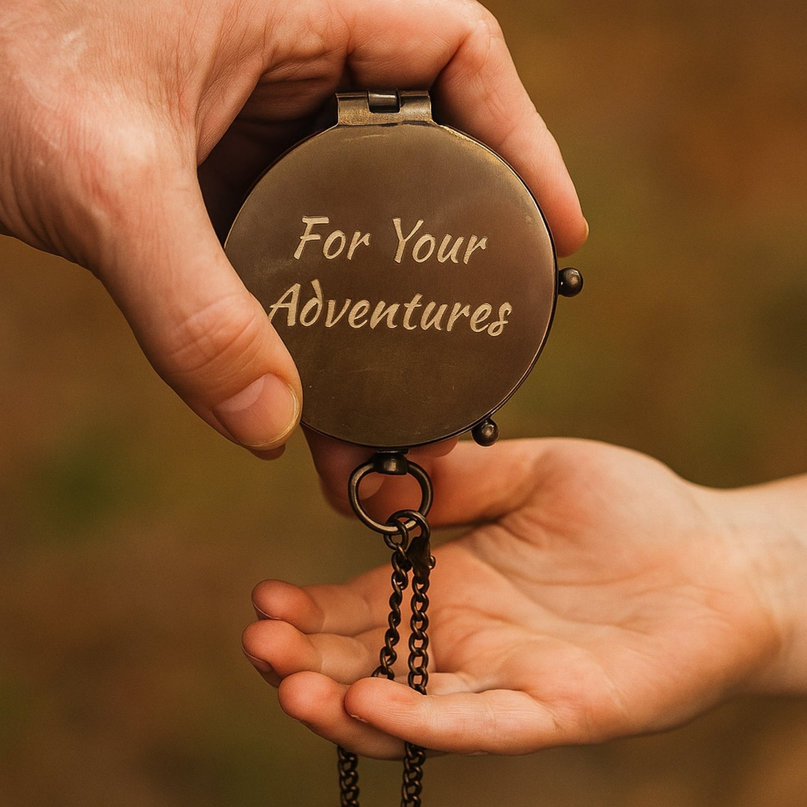 Hand holding a bronze compass with 'For Your Adventures' engraving against a blurred natural background