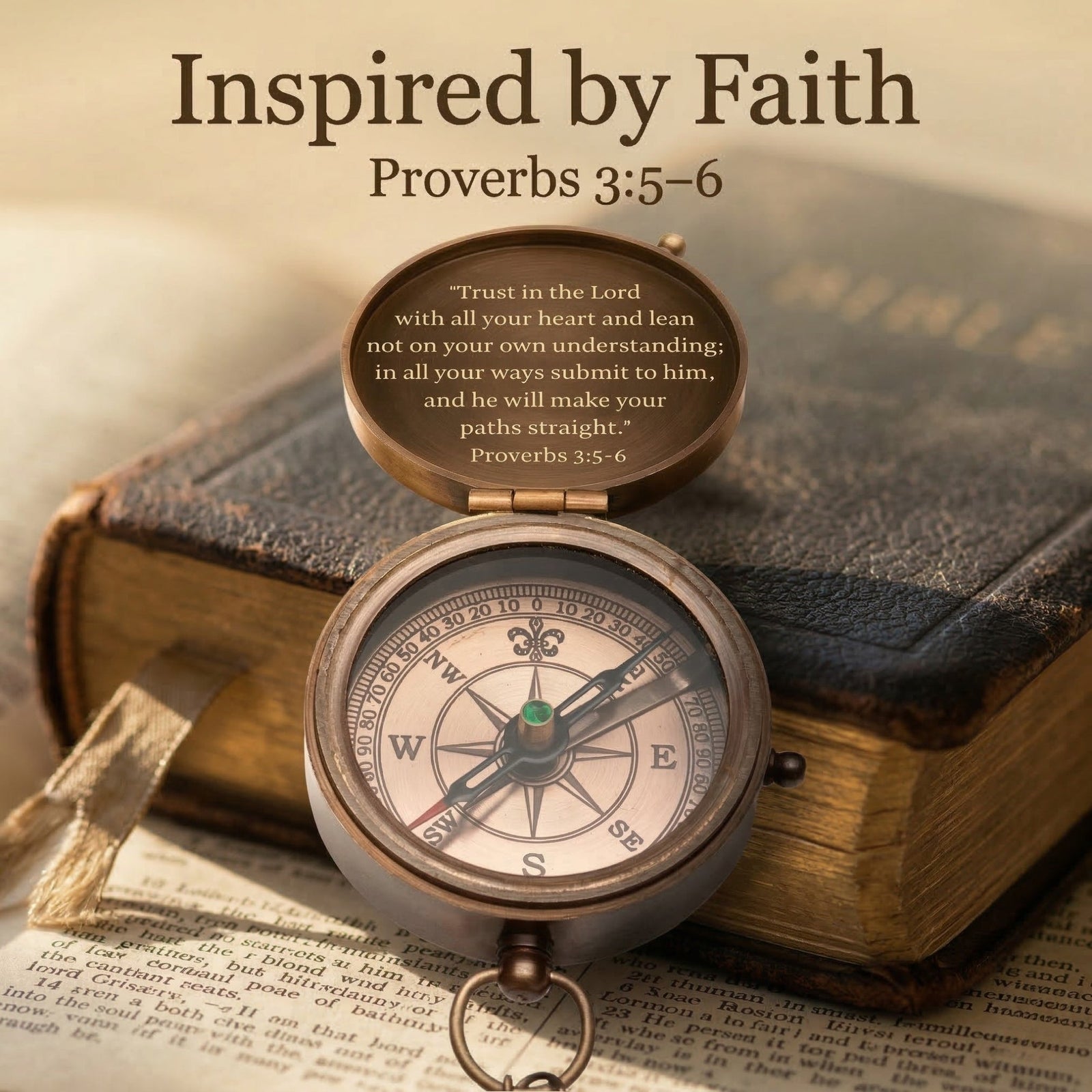 Vintage compass on an open book with 'Inspired by Faith' text and Proverbs 3:5-6 quote.