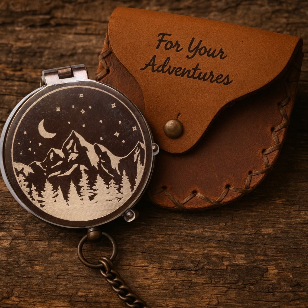 Custom celestial compass with mountains and moon – a personalized, engraved brass pocket keepsake for men; ideal gift for son, grandson, or him on graduation, anniversary, or Christmas.