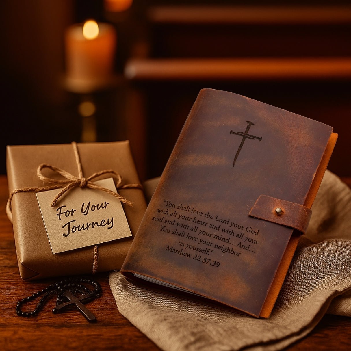 Personalized brown leather prayer journal – custom engraved Christian notebook or diary with refillable lined pages, featuring name, initial, monogram, photo, message, cross, or Bible verse text.
