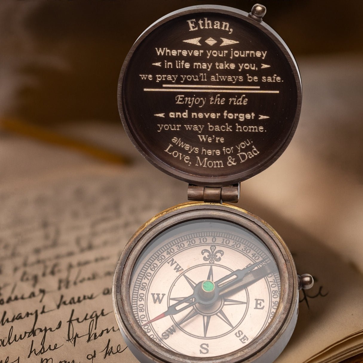 Handcrafted vintage compass for men – engraved and custom personalized with monogram, photo, or name; meaningful brass gift for retirement, birthday, or special occasions like Valentine’s Day or Father’s Day.