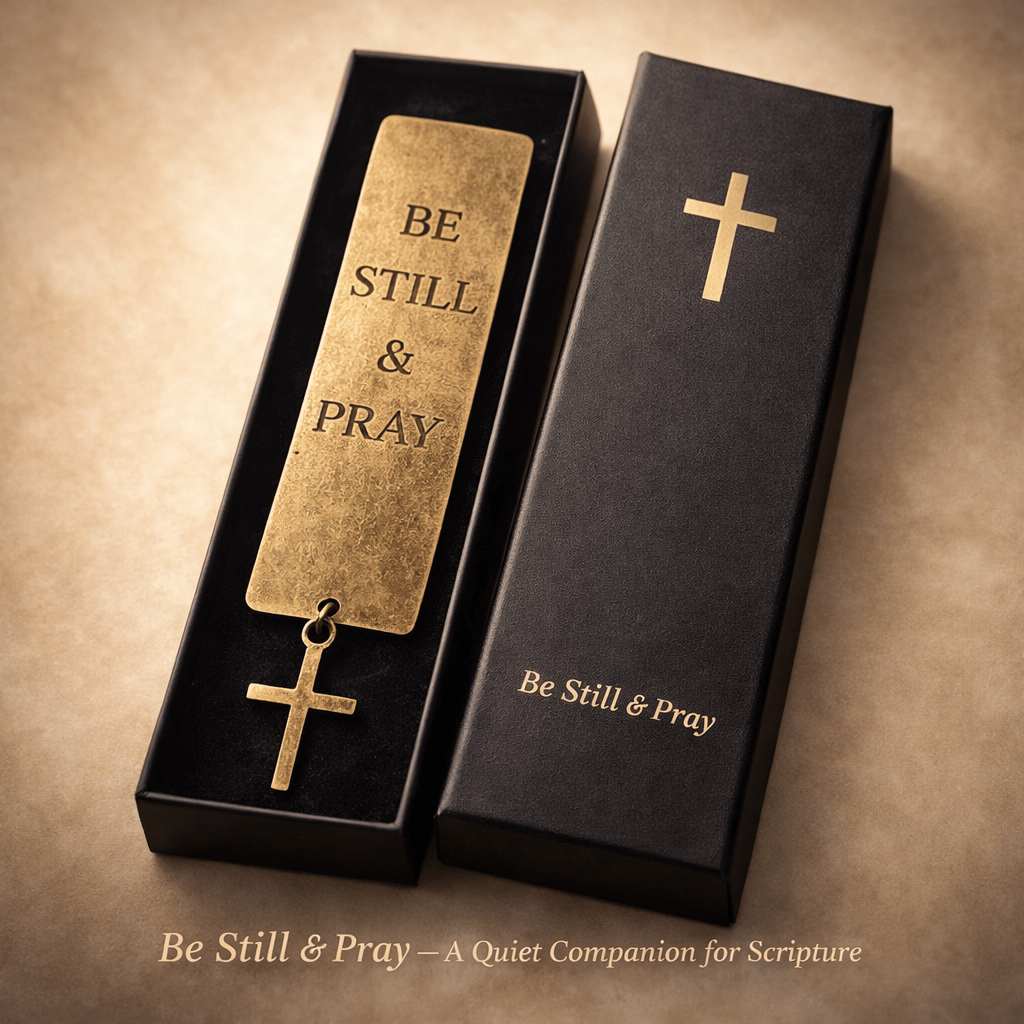 Gold 'Be Still & Pray' bookmark with black box on a beige background