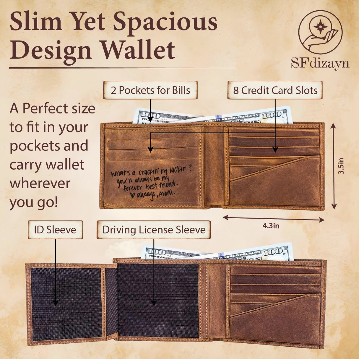 Slim, minimalist leather wallet for men with custom engraving – includes personalized photo and name, perfect for dad or boyfriend on Christmas or Father’s Day.