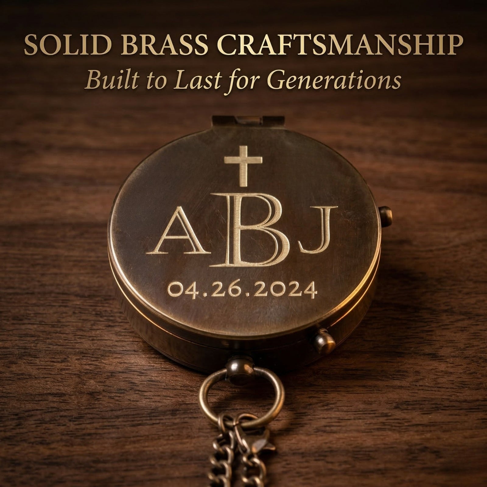 Bronze compass with engraved initials and date on a wooden surface, text 'SOLID BRASS CRAFTSMANSHIP Built to Last for Generations' above.
