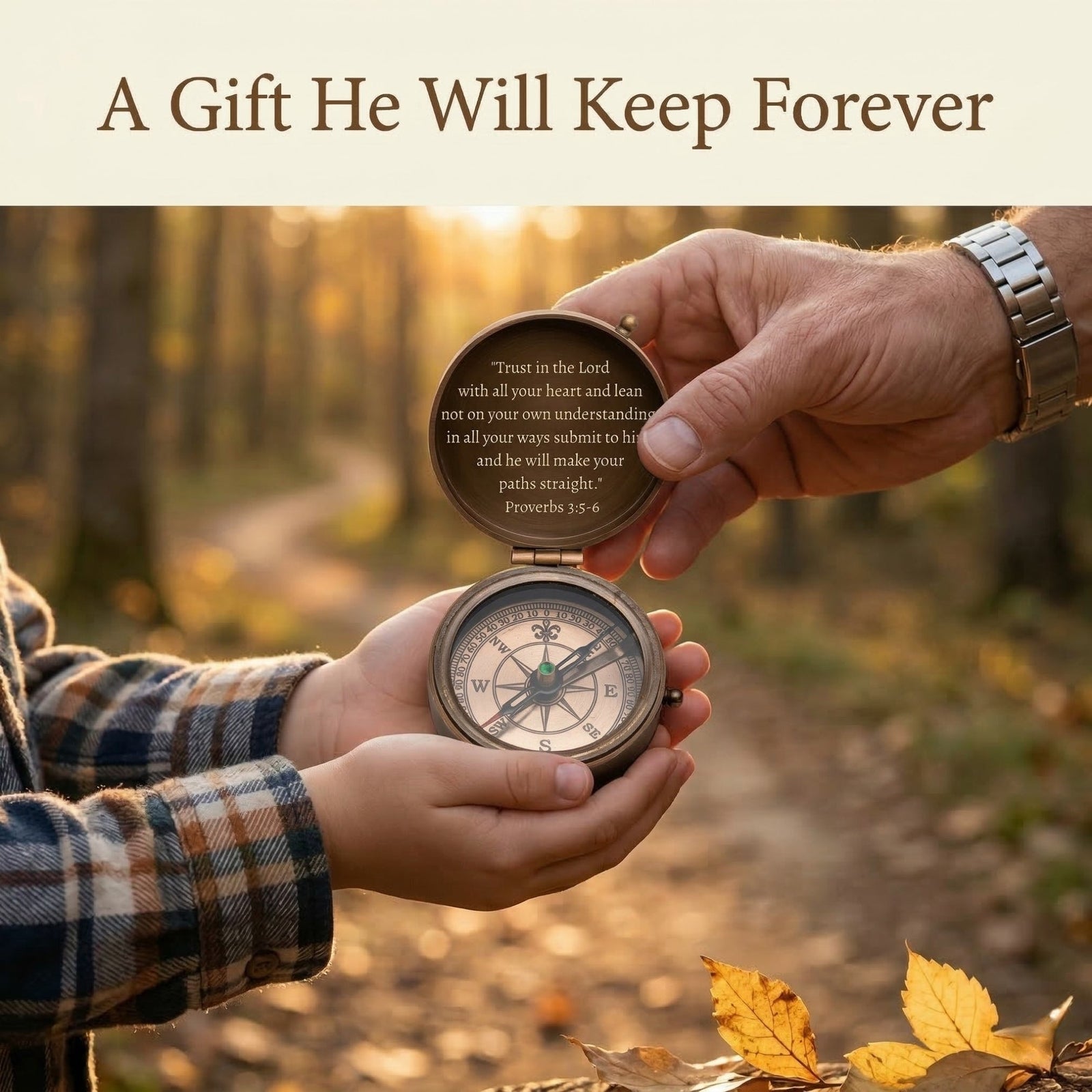 Two hands holding a compass with a scenic background and text overlay.