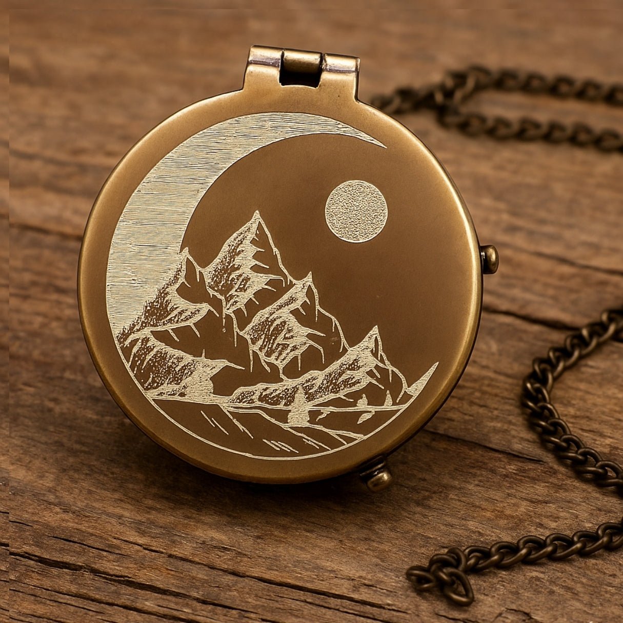 Custom engraved brass compass gift for men – personalized, handcrafted vintage pocket keepsake with mountain, moon, and stars design, perfect for son or grandson on graduation, retirement, or Father’s Day.