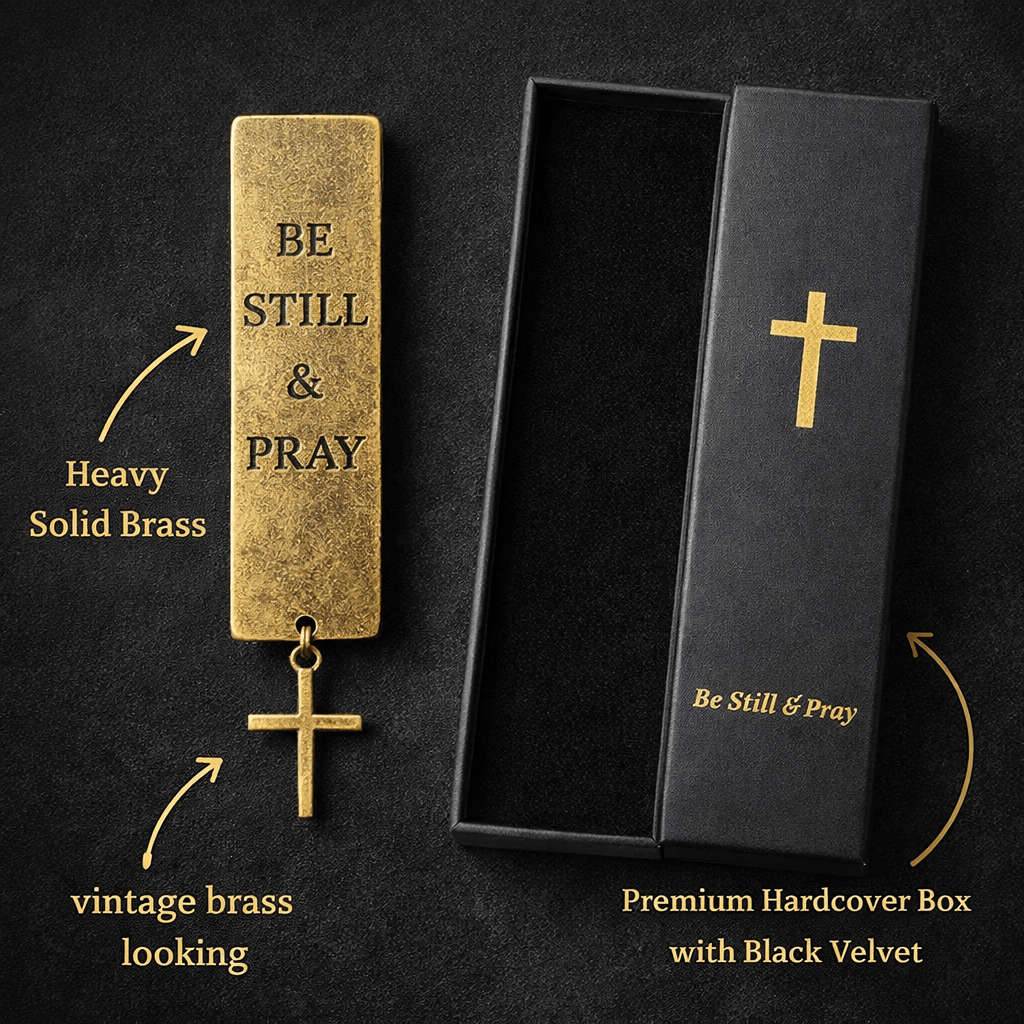 Brass 'Be Still & Pray' bookmark with black velvet box on a dark background