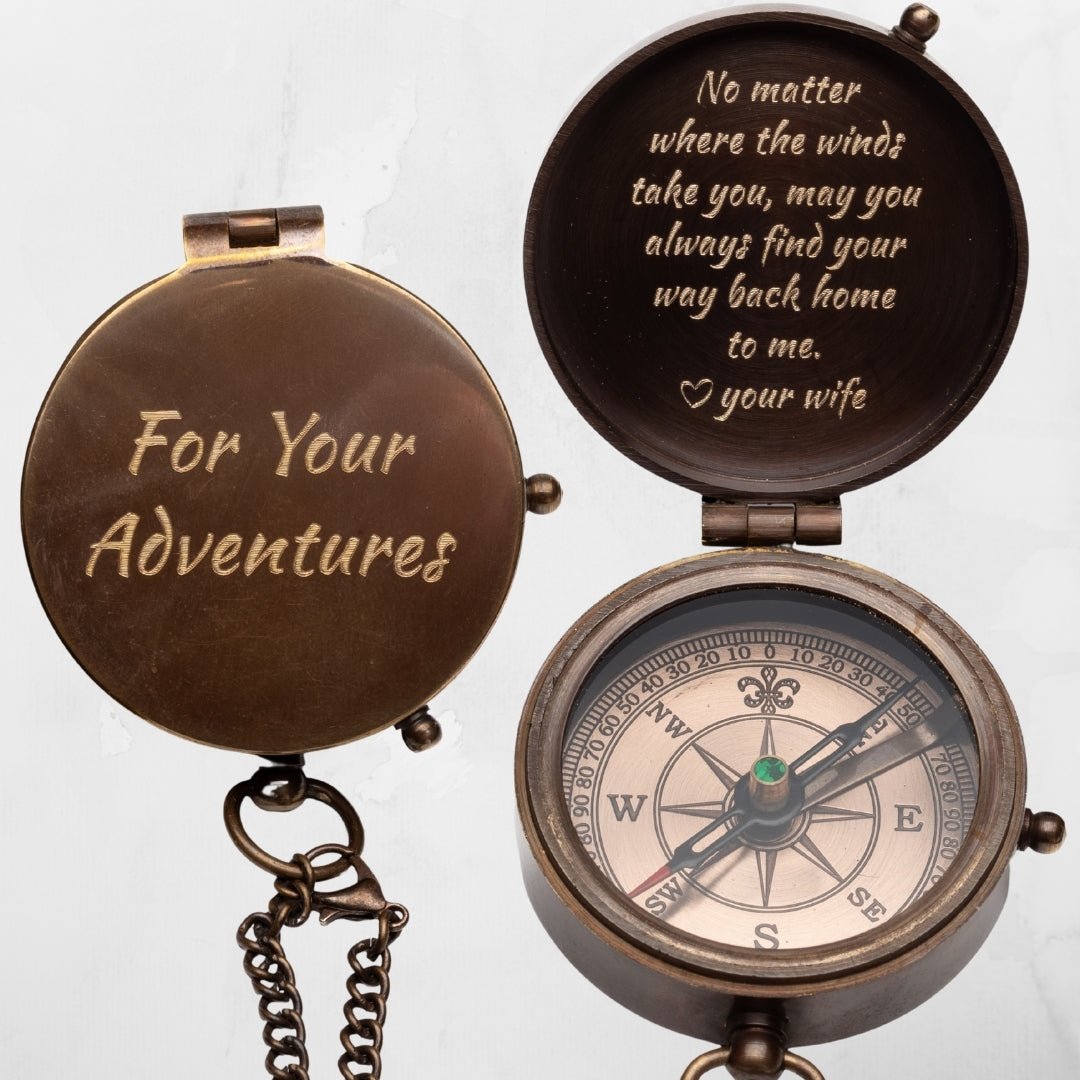 Handcrafted brass compass with antique finish, personalized with name, date, or custom message – meaningful gift for travelers, adventurers, son, and collectors from SFdizayn.com