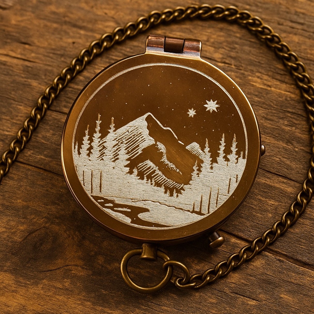 Custom engraved brass compass gift for men – personalized, handcrafted vintage pocket keepsake with mountain, moon, and stars design, perfect for son or grandson on graduation, retirement, or Father’s Day.