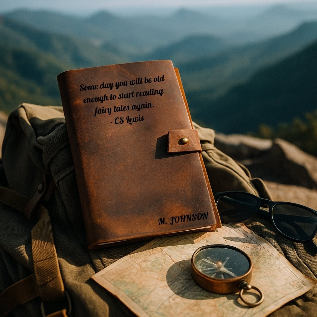 Personalized brown leather journal notebook – custom engraved diary with refillable lined pages, featuring name, monogram, initial, photo, or heartfelt message or text.