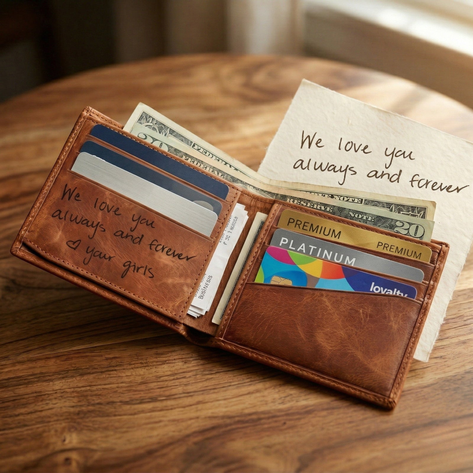 Open brown leather wallet with money and cards on a wooden surface, with a handwritten note inside.