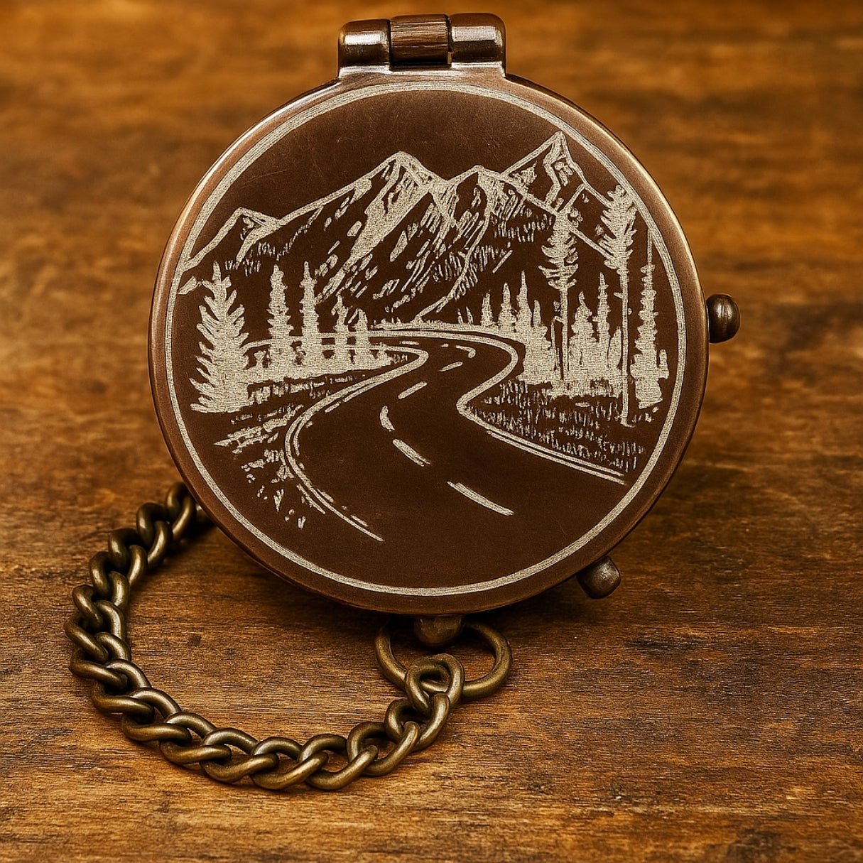 Custom engraved brass compass gift for men – personalized, handcrafted vintage pocket keepsake with mountain, moon, and stars design, perfect for son or grandson on graduation, retirement, or Father’s Day.