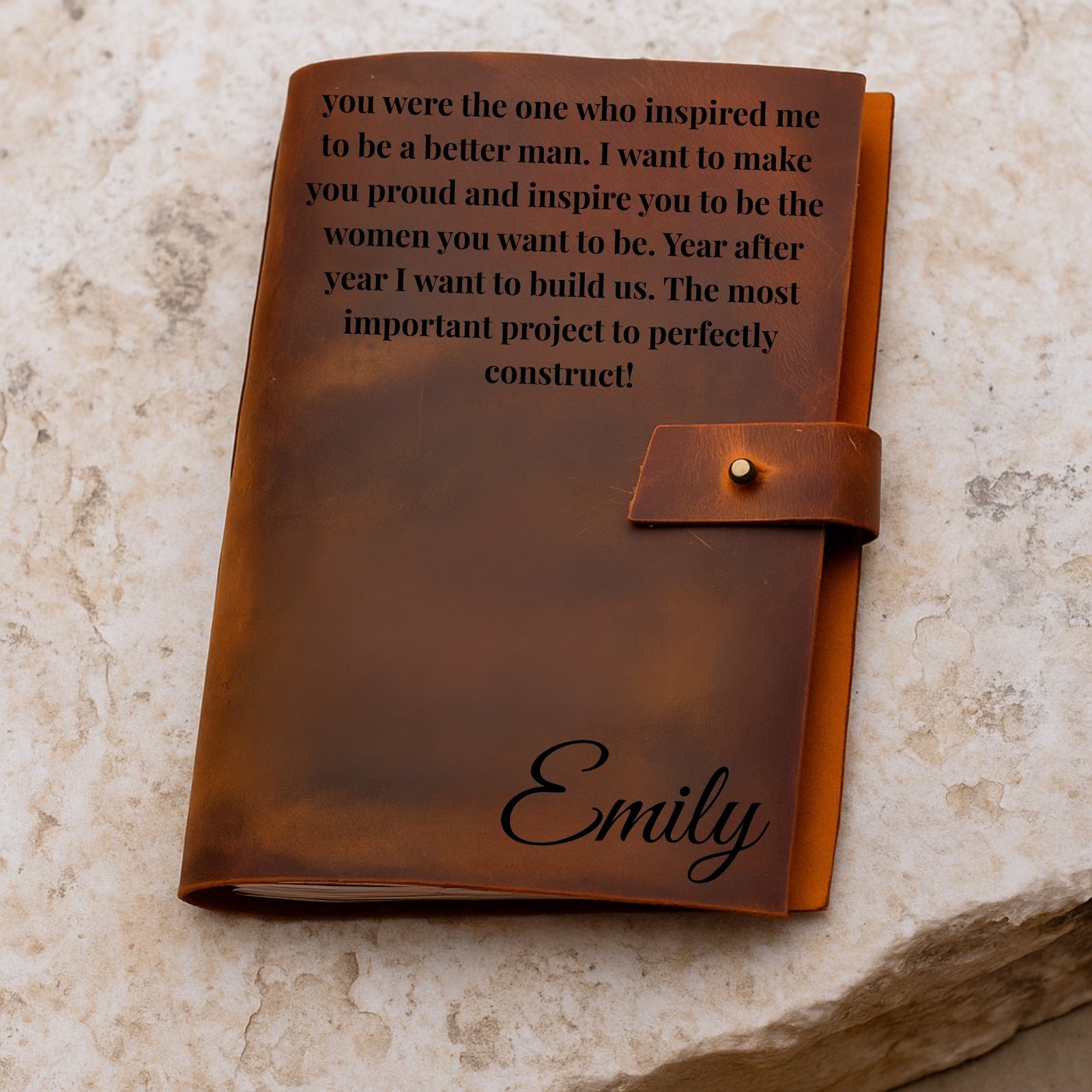 Personalized brown leather prayer journal – custom engraved Christian notebook or diary with refillable lined pages, featuring name, initial, monogram, photo, message, cross, or Bible verse text.